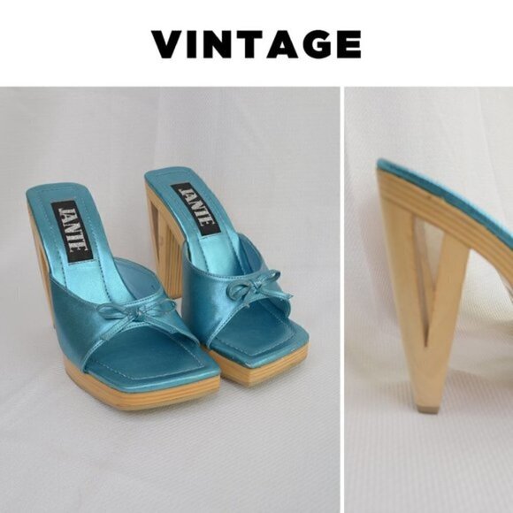 Vintage Shoes - Y2K Platform Wooden Clog Shoes Satin Blue Sz 7